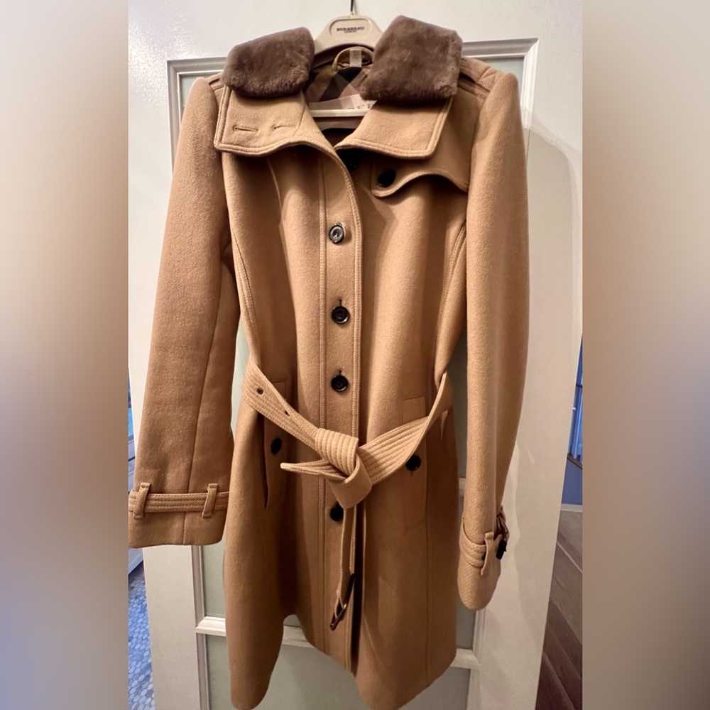 Burberry Camel Tan Wool Trench Coat with Brown Fur Collar